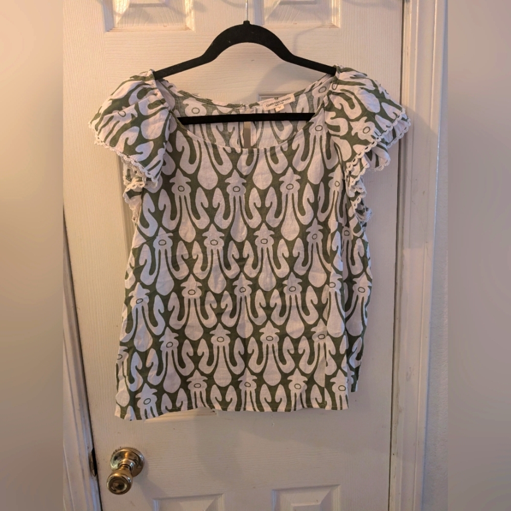Christian Siriano White/Green Inlet Ikat Print Short Sleeve Blouse